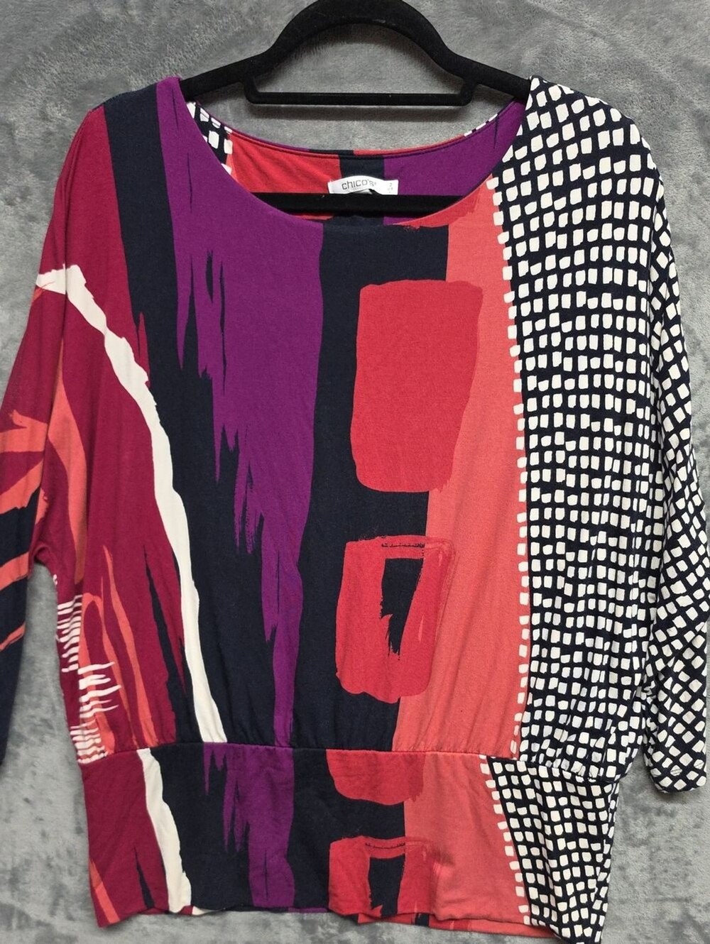 Chico's Abstract Colorblock Blouse in Red, Purple, Navy & White